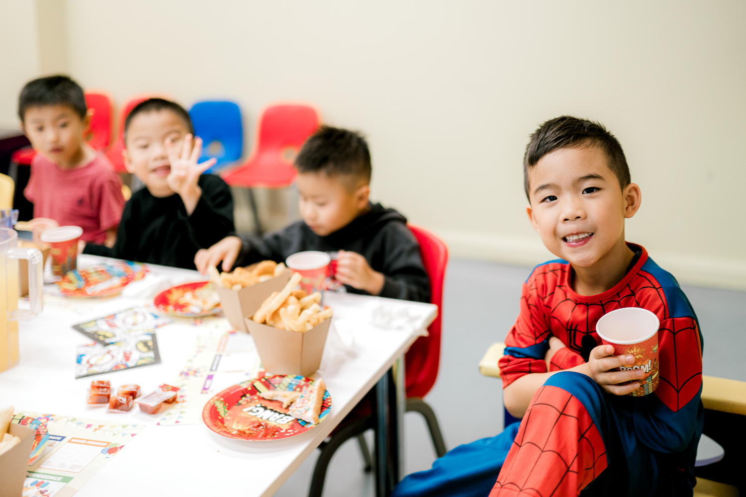 Spiderman Birthday boy at his birthday party celebration